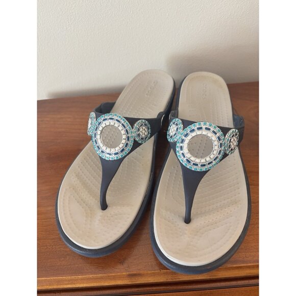 Crocs Sanrah Diamante Navy Blue & Turquoise Wedge Sandals Womens Size 8 - Picture 1 of 9